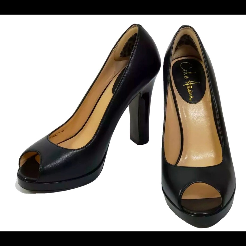 Cole Haan Black Peep Toe Leather Pumps 6B